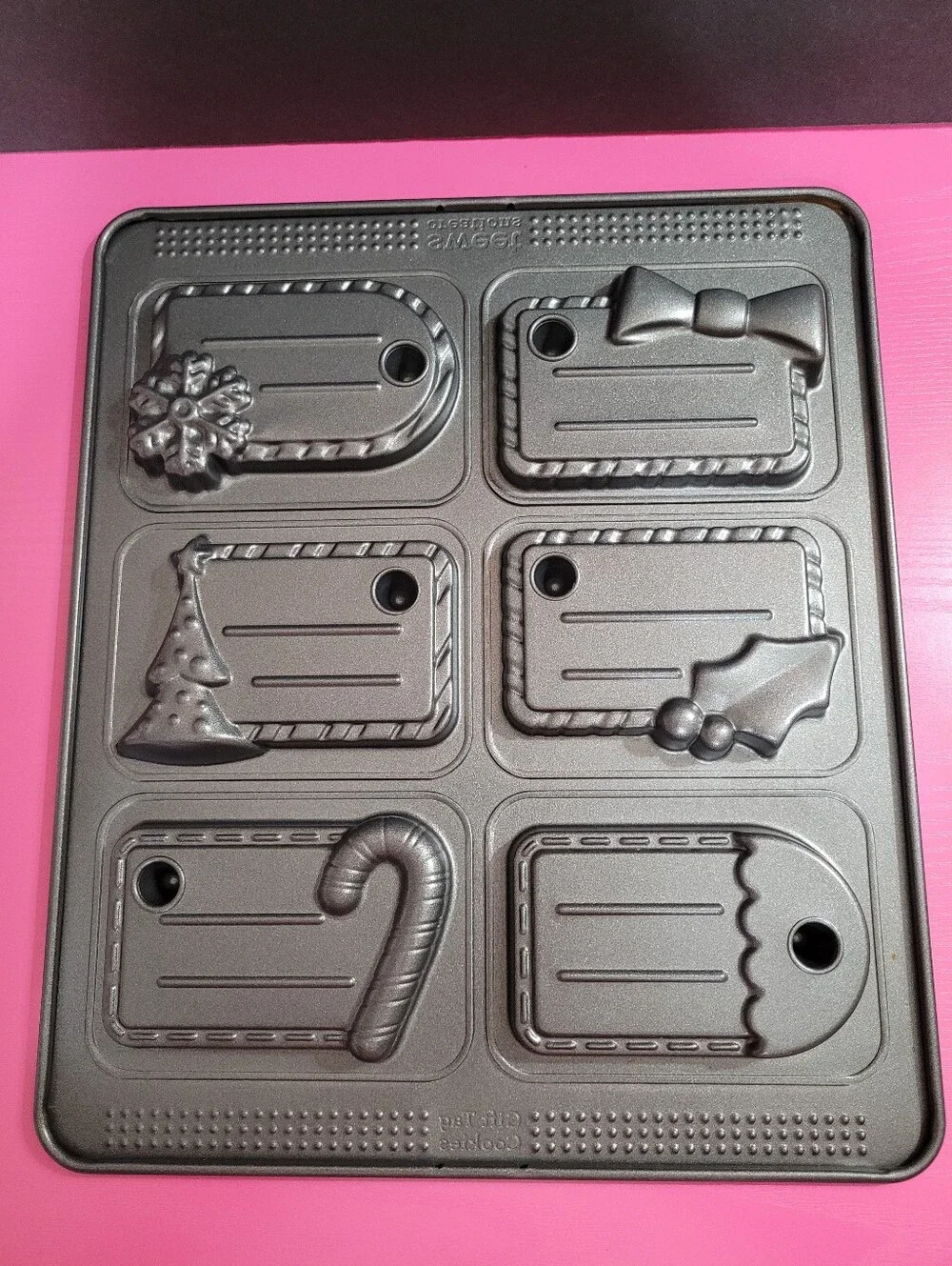 Sweet Creations Holiday Gift Tag Cookie Mold 6-Cavity Nonstick Baking Pan